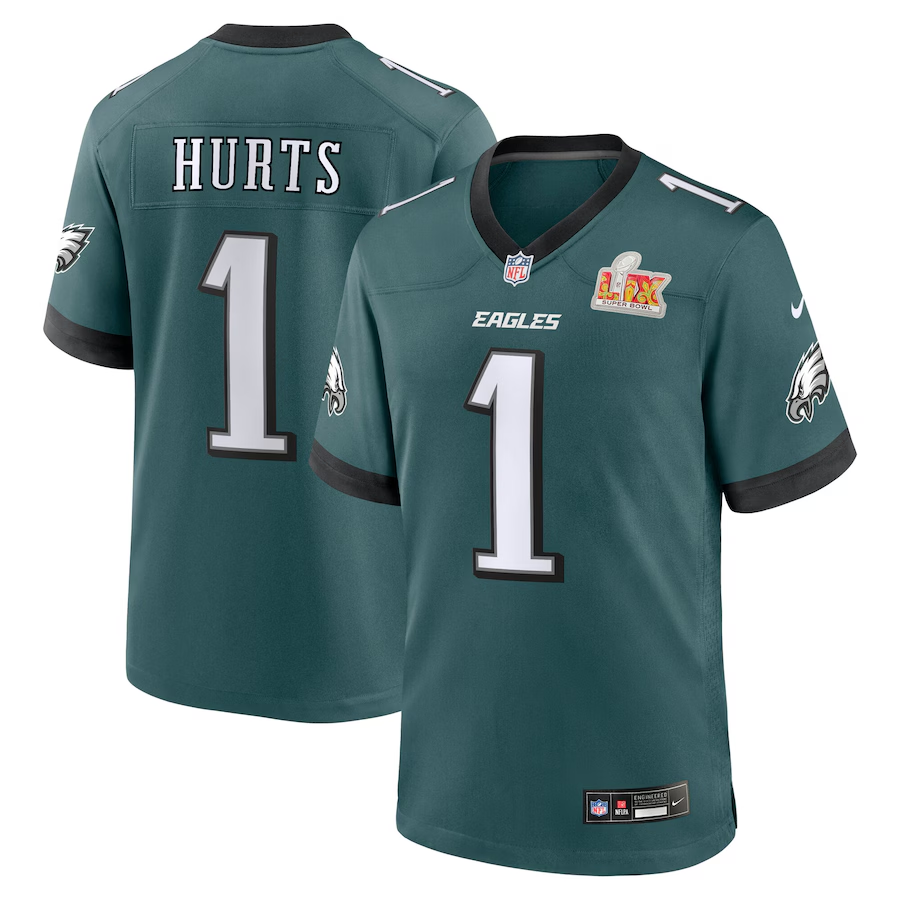 Men's Philadelphia Eagles Jalen Hurts  Midnight Green Super Bowl LIX Game Player Jersey