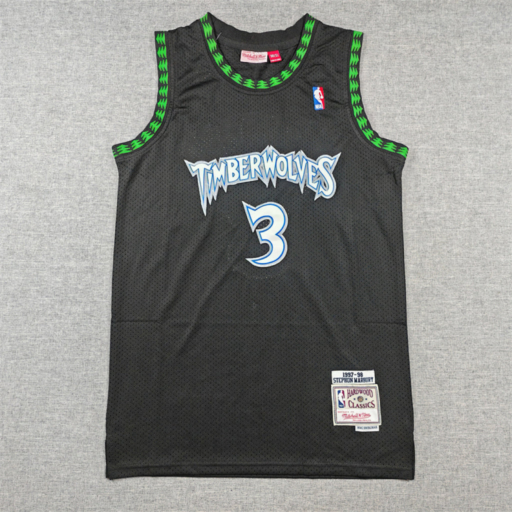 Stephon Marbury #3 Minnesota Timberwolves 1997-98 Black Throwback Embroidered Jersey