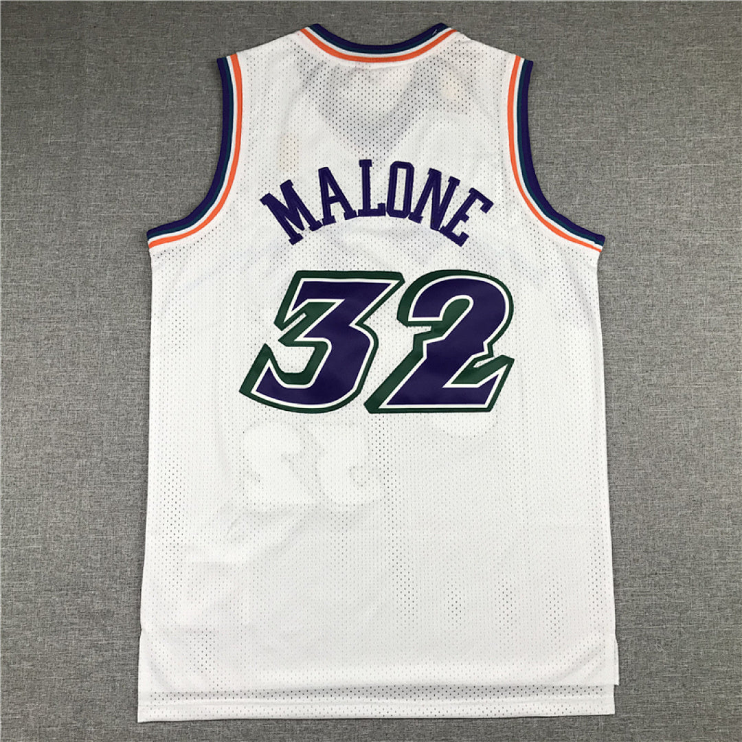 Utah Jazz Karl Malone #32 Utah Jazz Throwback 1996-97 White Embroidered Jersey