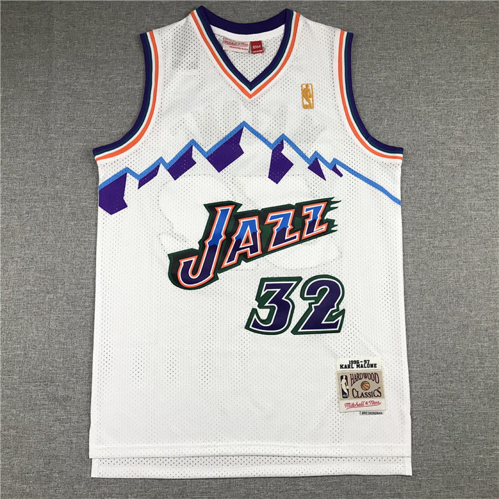Utah Jazz Karl Malone #32 Utah Jazz Throwback 1996-97 White Embroidered Jersey