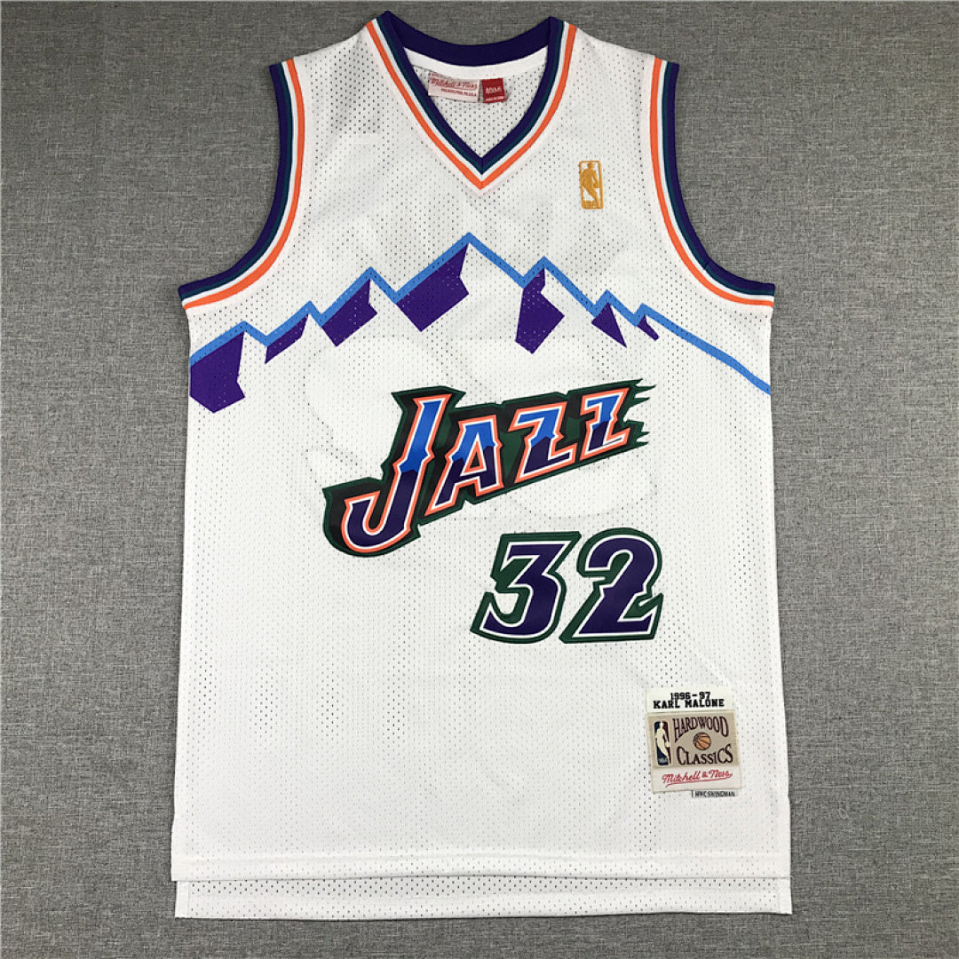 Utah Jazz Karl Malone #32 Utah Jazz Throwback 1996-97 White Embroidered Jersey