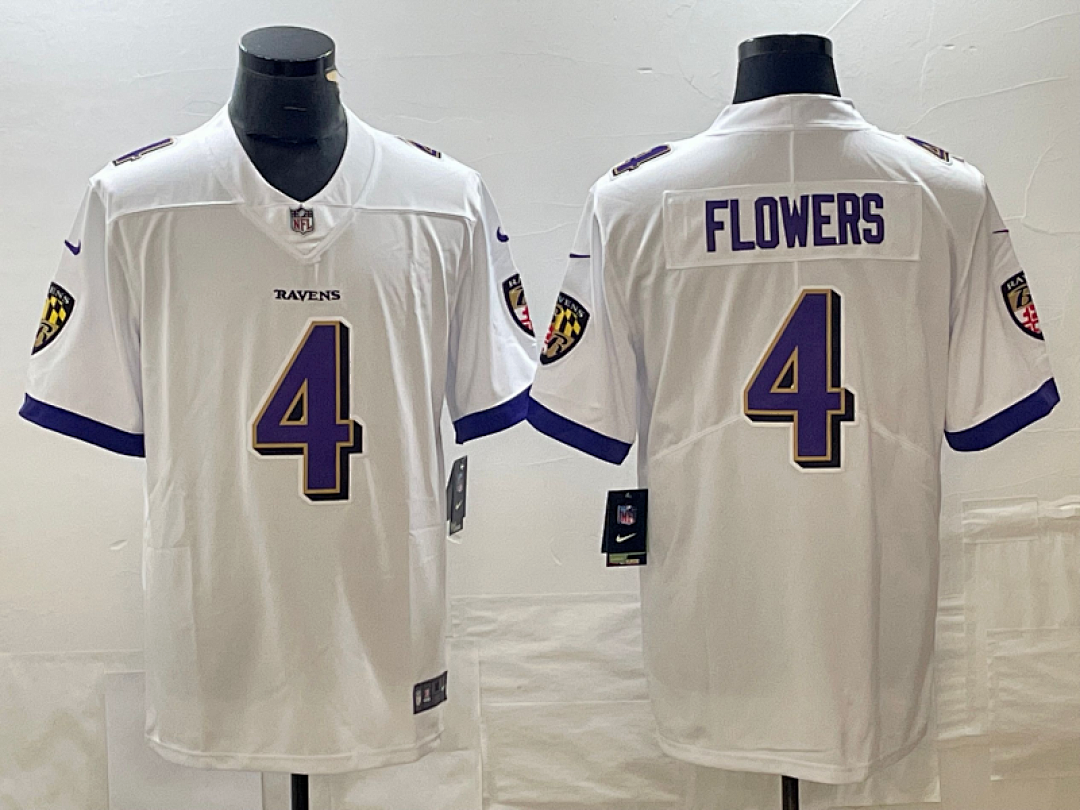 Zay Flowers#4 Baltimore Ravens White Jersey