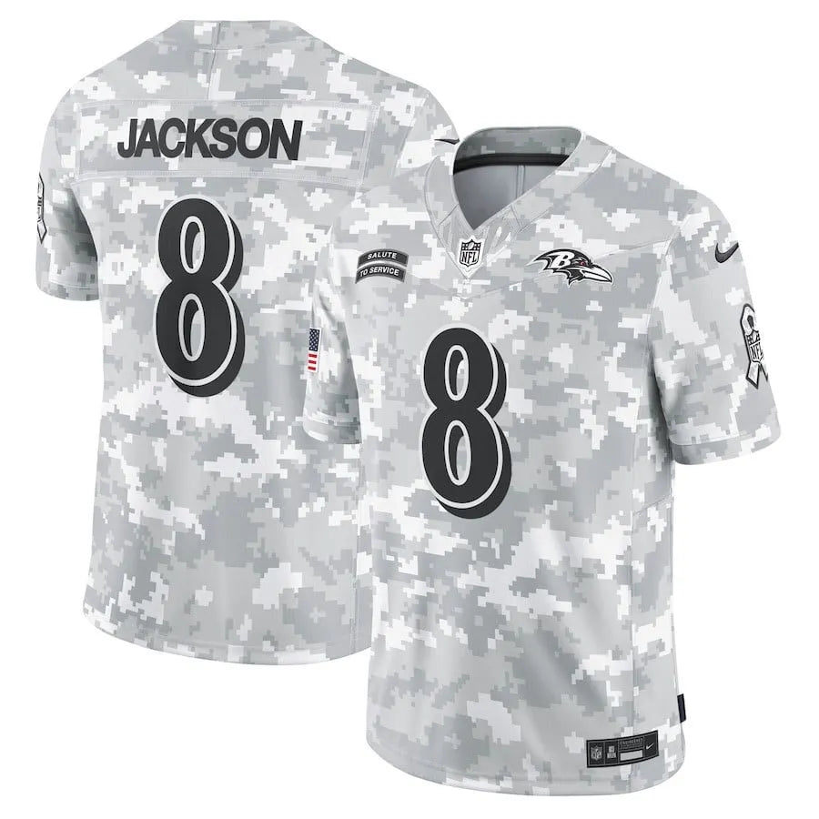 Lamar Jackson 8 Baltimore Ravens 2024 Salute to Service Limited Men Jersey - Arctic Camo
