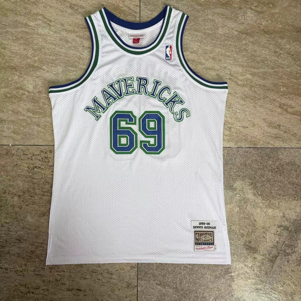 Rodman #69 Mitchell & Ness Mavericks 1999-00 Vintage White Densely Stitched Jersey
