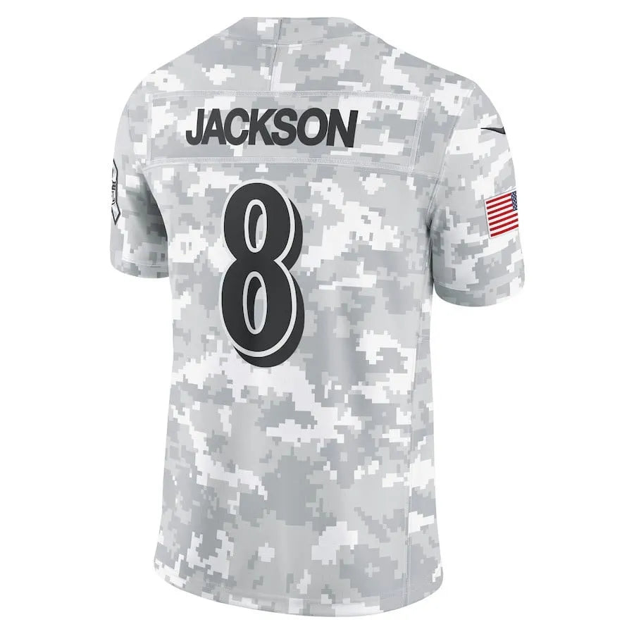 Lamar Jackson 8 Baltimore Ravens 2024 Salute to Service Limited Men Jersey - Arctic Camo