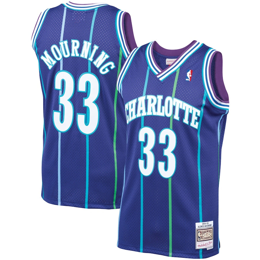 Men's Charlotte Hornets Alonzo Mourning Mitchell & Ness Purple 1994/95 Hardwood Classics Swingman Jersey