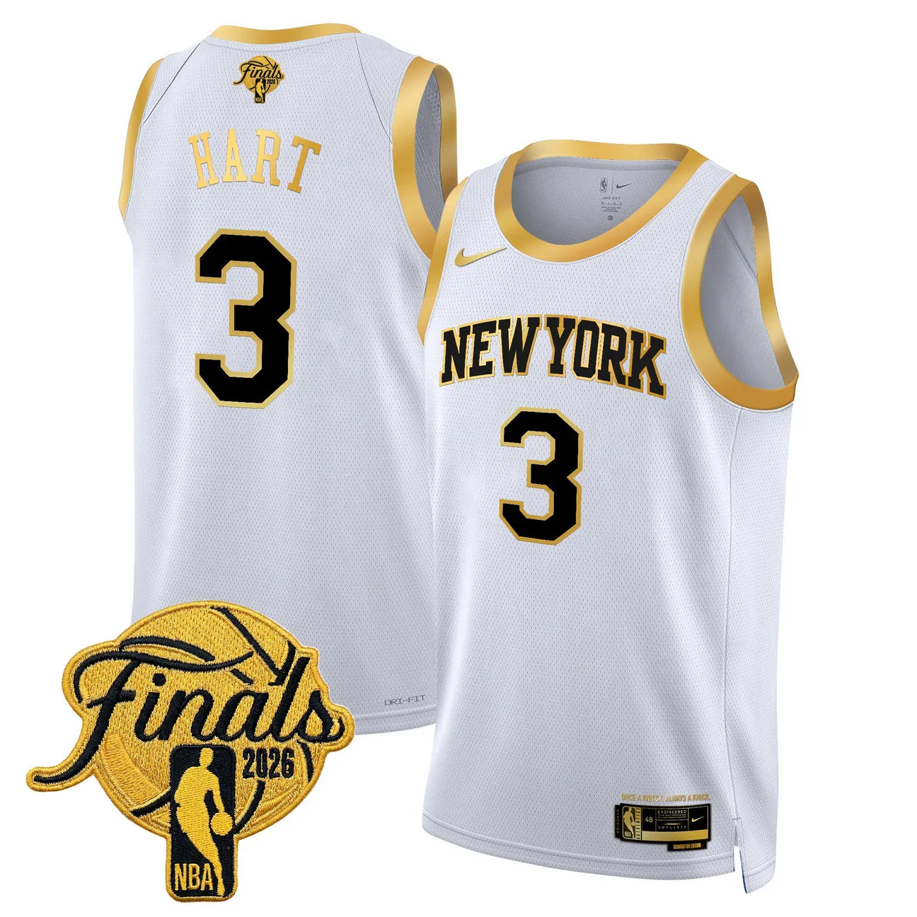 Josh Hart #3 New York Knicks 2026 Finals Swingman White Gold Jersey - All Stitched