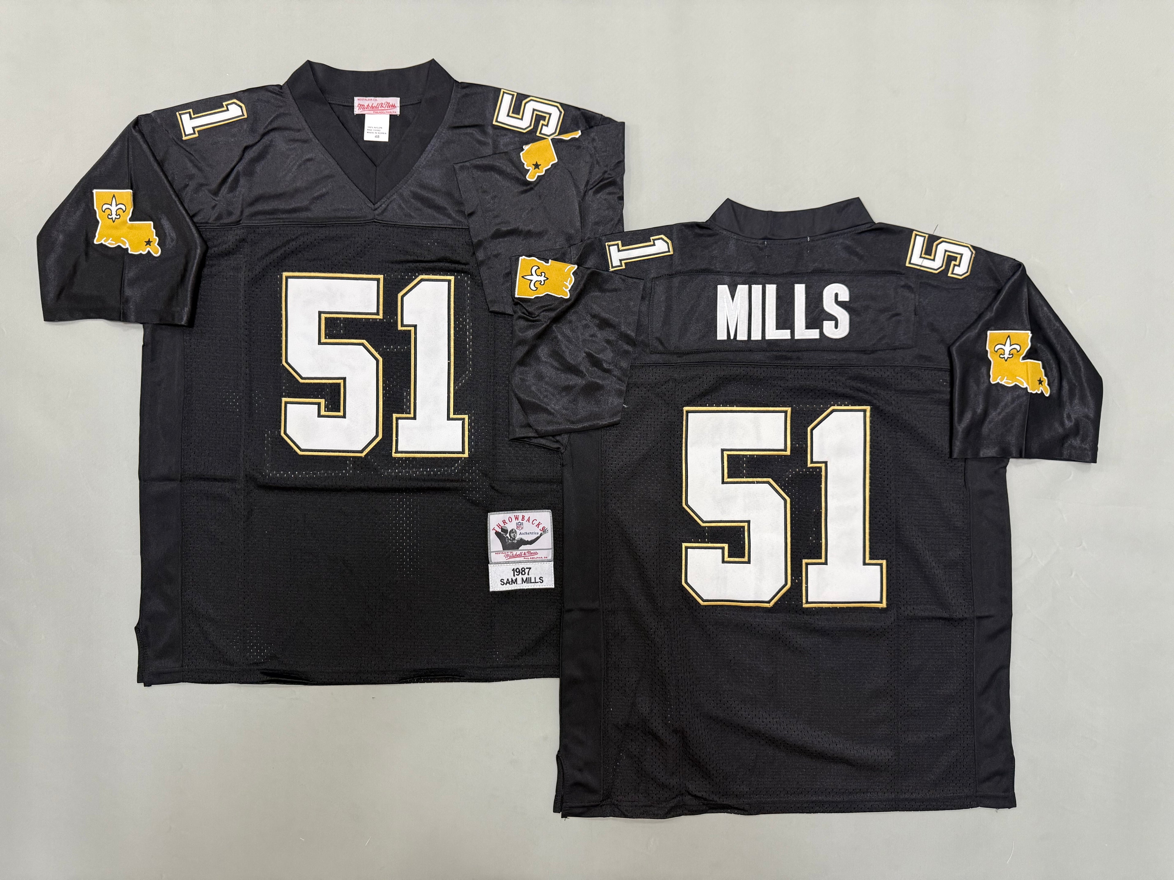 Mens Sam Mills#51 black New Orleans Saints Vintage Throwback Jersey