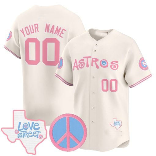Custom Houston Astros Love Street & Peace Sign Patch Bubblegum Pink Vapor Premier Limited ?All Stitched Baseball Jersey