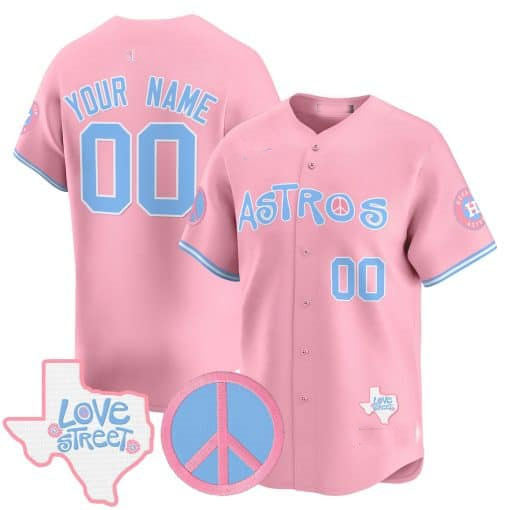 Custom Houston Astros Love Street & Peace Sign Patch Bubblegum Pink Vapor Premier Limited ?All Stitched Baseball Jersey