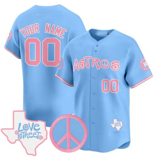 Custom Houston Astros Love Street & Peace Sign Patch Bubblegum Pink Vapor Premier Limited ?All Stitched Baseball Jersey