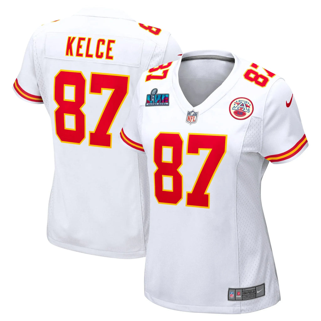 Travis Kelce Kansas City Chiefs Women's Super Bowl LVII Patch Away Game Jersey - White