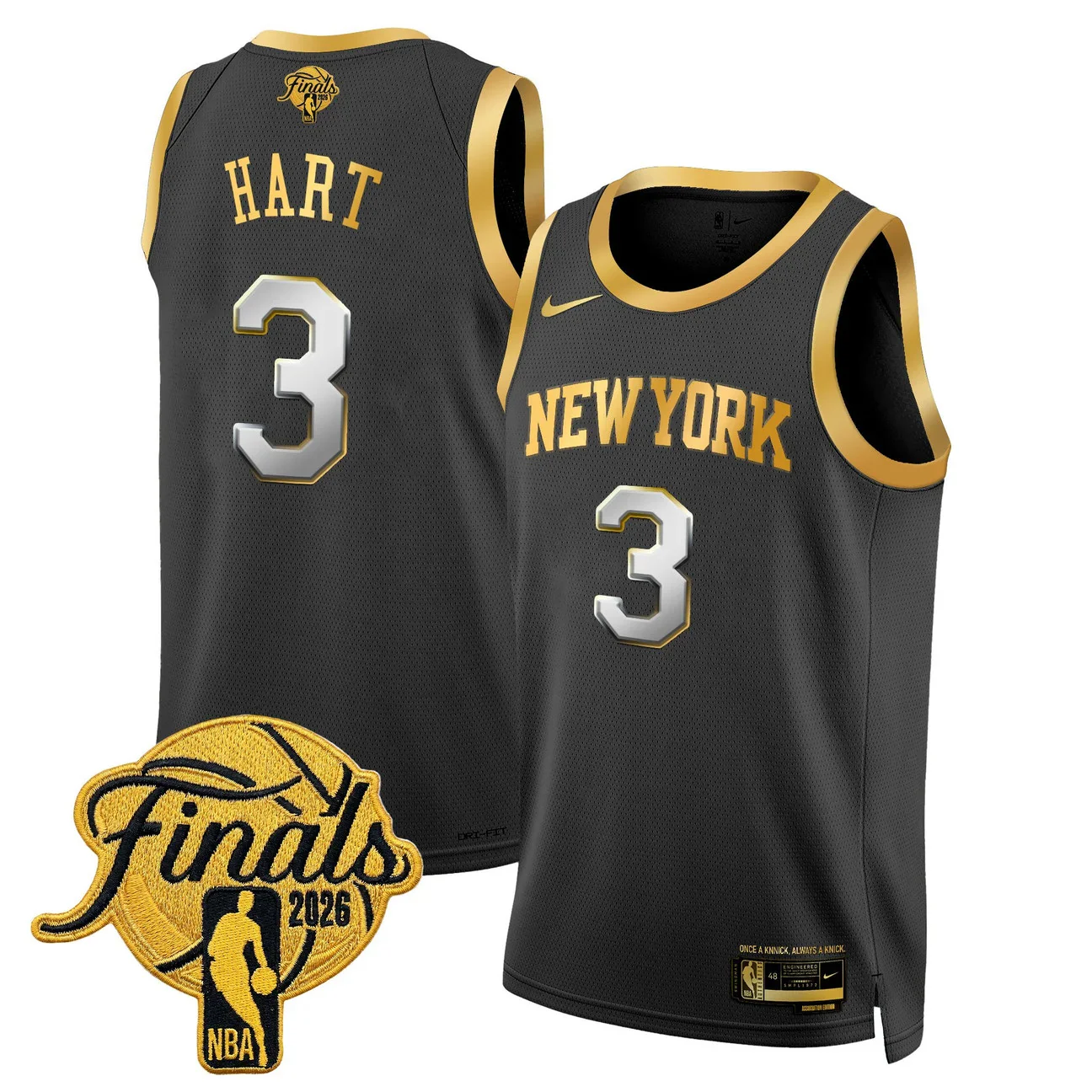 Josh Hart #3 New York Knicks 2026 Finals Swingman Black Gold Jersey - All Stitched