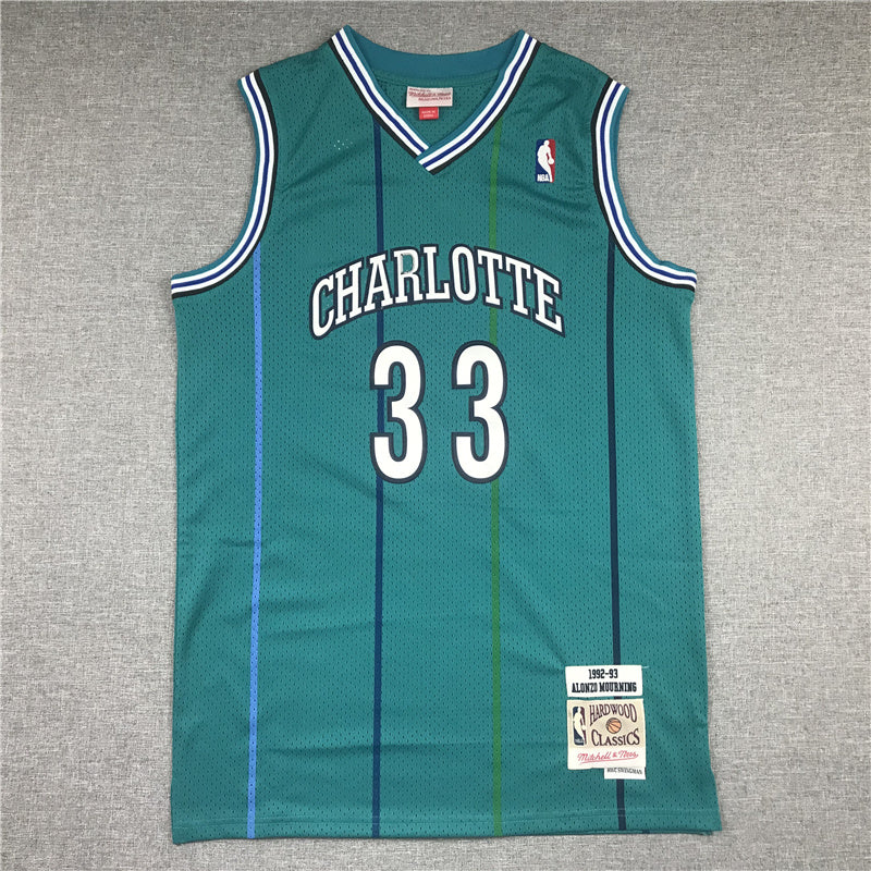 Charlotte Hornets Alonzo Mourning #33 1992-93 Throwback — Embroidered Jersey